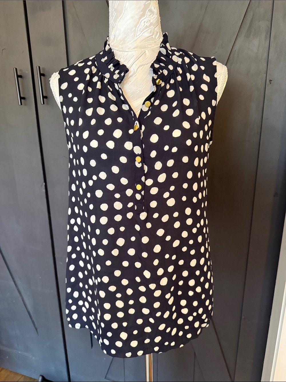 LOFT Navy and White Polka Dot Sleeveless Ruffle Neck Shell